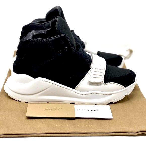 Burberry London Regis Suede And Neoprene High Top Sneakers Blk-Wh Shoes Eu 44 U